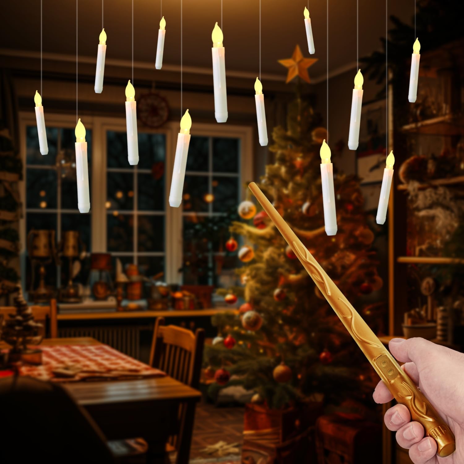 Photo 1 of Raycare Floating Candles with Wand, 12 Pcs Magic Hanging Candles Flameless, Flickering Warm Light LED Taper Candle with Wand Remote, Battery Operated Window Candle for Halloween Witch Wizzard Decors
