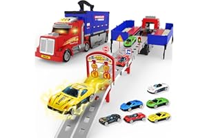 SHYLIZARD Carrier Truck Race Track Toys, Truck Toys for 3, 4, 5, 6, 7, 8 Years Old Kids, Foldable Transport Truck Toys Car with Lights & Sounds, 6 Metal Cars, Birthday Gifts for Toddler Boys Girls
