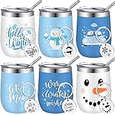 6 Set Christmas Wine Tumbler with Lid and Straw 12 Oz Christmas Stainless Steel Wine Tumbler with Keychains, Winter Snowman Insulated Travel Coffee Mug Xmas Gifts for Women Men Xmas Wedding Party