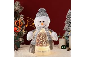 Lewondr Musical Christmas Snow Globe, Lighted Snowman Christmas Decorations with Gray Scarf, Swirling Glitters&8 Songs&Timer, Battery Operated Singing Snow Lantern for Home Decor Xmas Gift