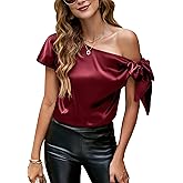 VIDUSSA Women's Off Shoulder Silk Tops Casual Short Sleeve Asymmetrical Neck Satin Blouse Shirts
