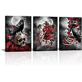 Zlove 3 Pieces Gothic Raven Skull Wall Art | 12x16 Inches, Moon Red Rose Skeleton Print, Dark Goth Bedroom Decor