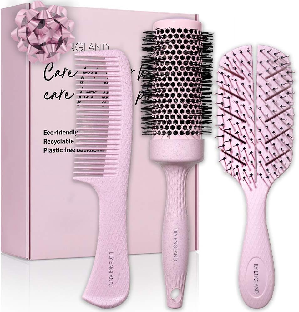 Eco Hair Brush Set for Women and Girls Paddle Brush, Round Brush and