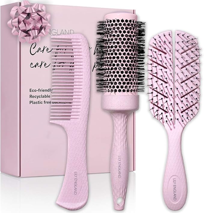 Eco Hair Brush Set for Women and Girls Paddle Brush, Round Brush and