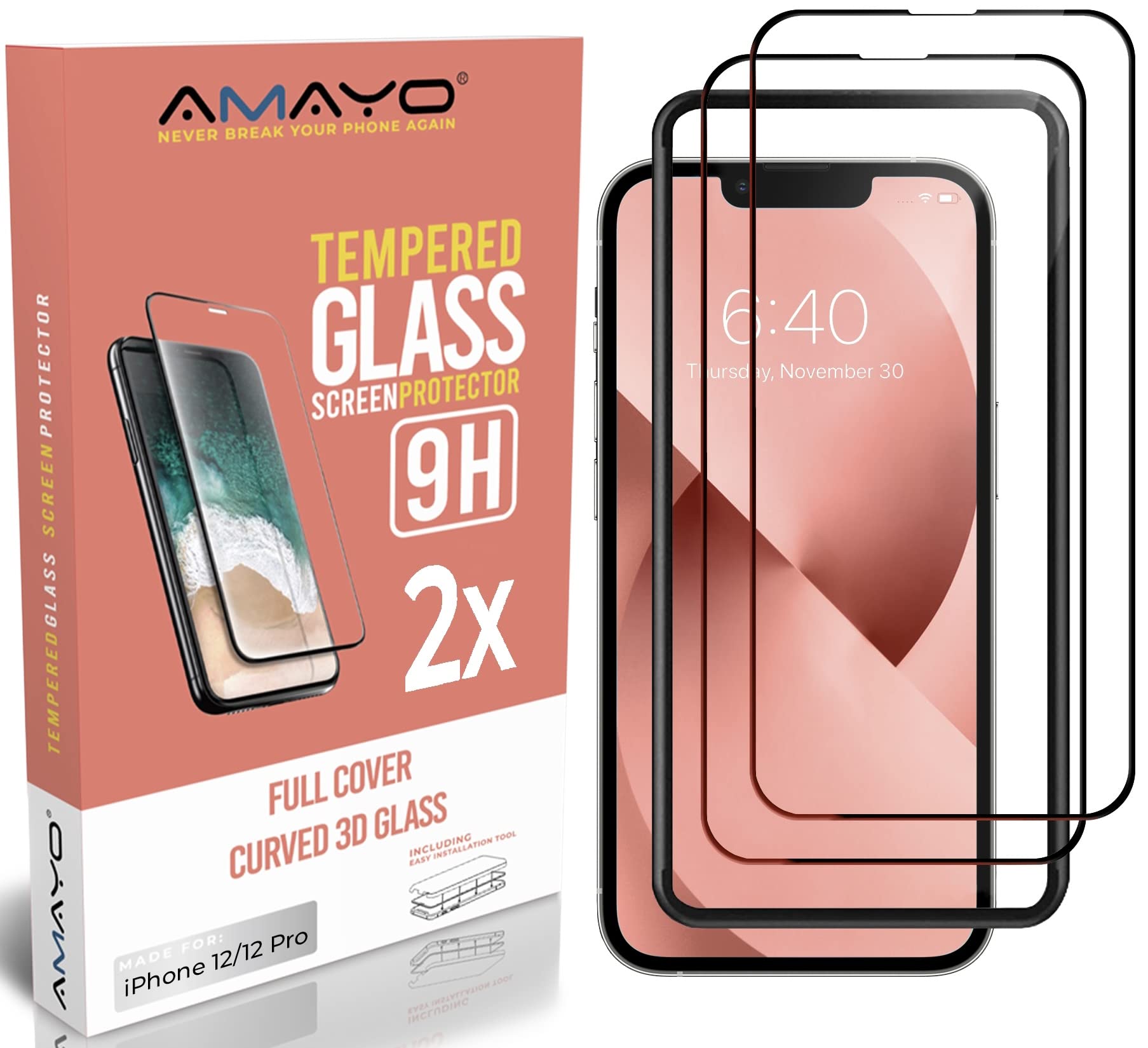 Amayo Mobile Phone Screen Protector - 2 x 9H Full Screen Tempered Glass - Compatible with iPhone 12/12 Pro (6.1 Inches) - Unbreakable Scratch-Resistant Bubble-Free Armored Glass + Mounting Frame
