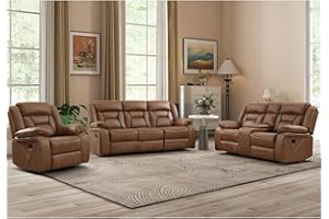EBELLO Faux Leather Recliner Sofa Furniture Set for Living Room, Recliner Chair, Manual Loveseat, 3 Seat Recliniing Sofa Couch Set for Meeting Room, Brown