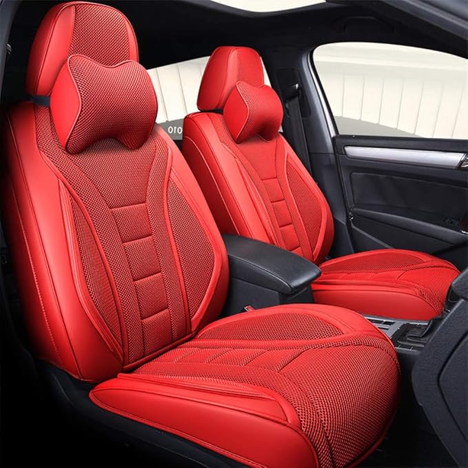 seemehappy Dynamic Red Car Seat Covers Set Faux Leather and Mesh Comfy Auto