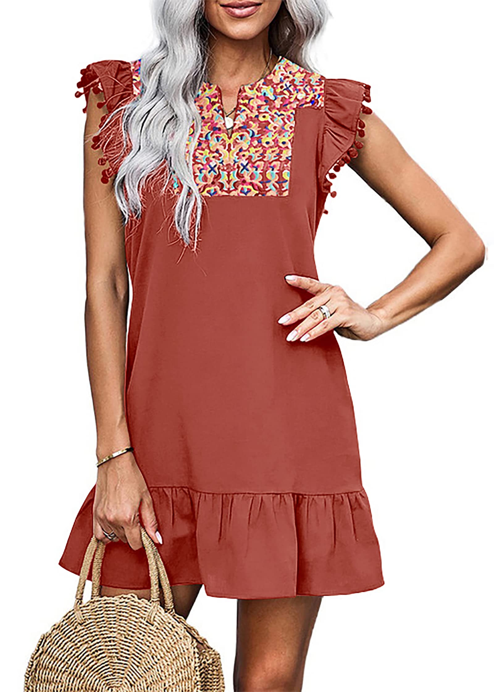 KIRUNDO Women's 2026 Summer Mini Dress Spring Casual V Neck Floral Embroidered Ruffle Sleeveless Shift Flowy Boho Dress (B-Brick Red, Medium)