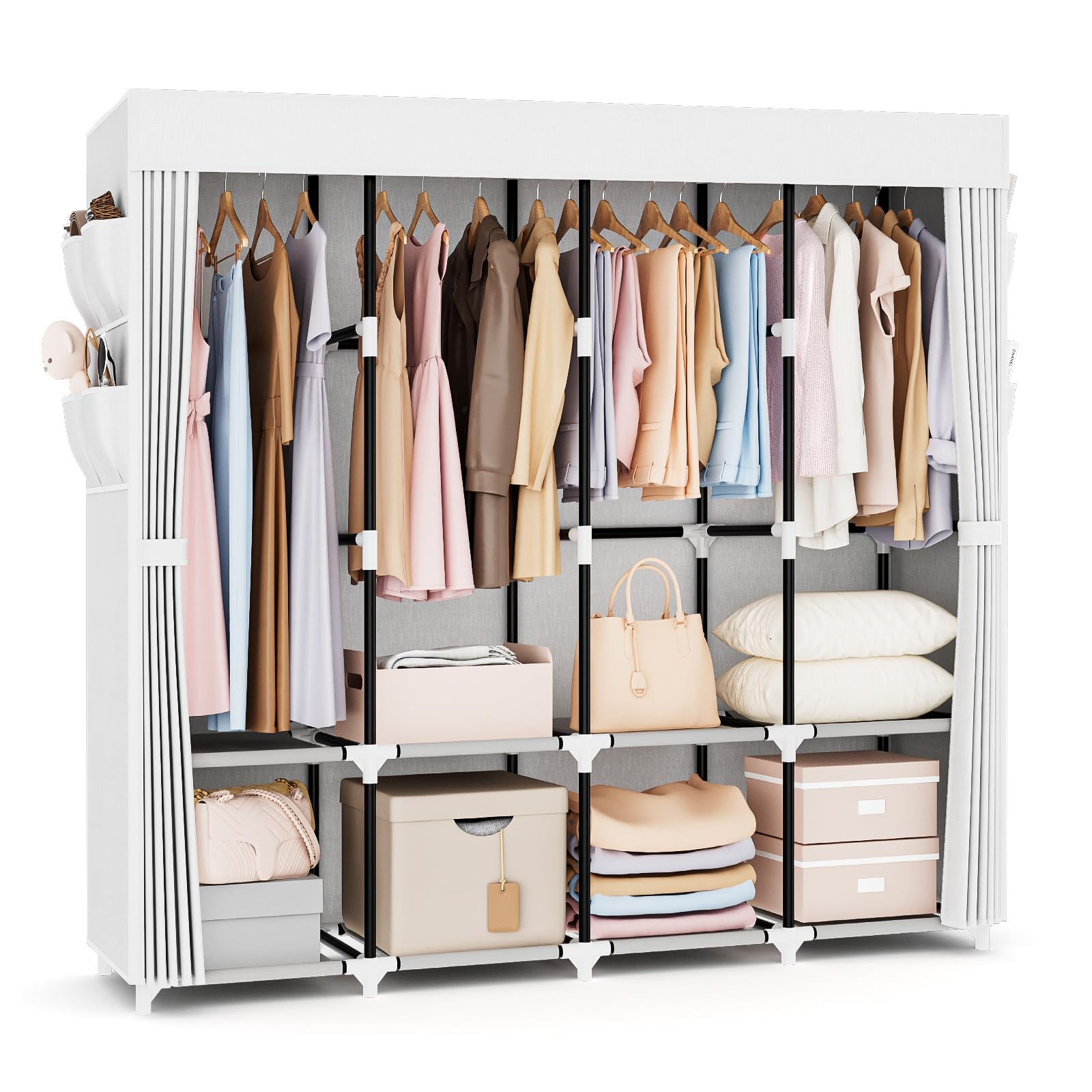 VTRIN Portable Closet for Hanging Clothes 67 Inch Wide Large Capacity Portable Wardrobe Closet with Cover, 4 Storage Shelves and 4 Hanging Rod Sturdy Free Standing Closet for Bedroom, White