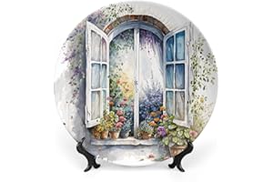 Gokays Watercolor Ceramic Decorative Plates Funny Window & Flower Decorative Dish for Display Kitchen Accessory Decor, Vintage Farmhouse Bedroom Living Room Dining Room Decoration 10 Inch
