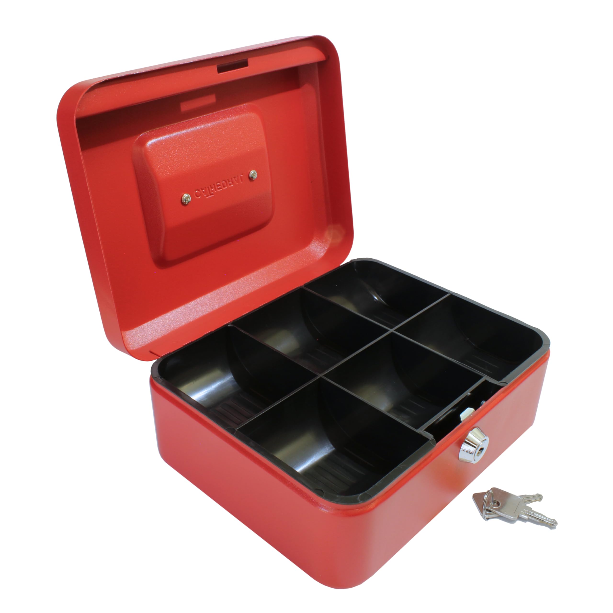 Cathedral Products Key Lockable Cash Box with Lift Out 6 Compartment Coin Tray - 8 Inch - Red