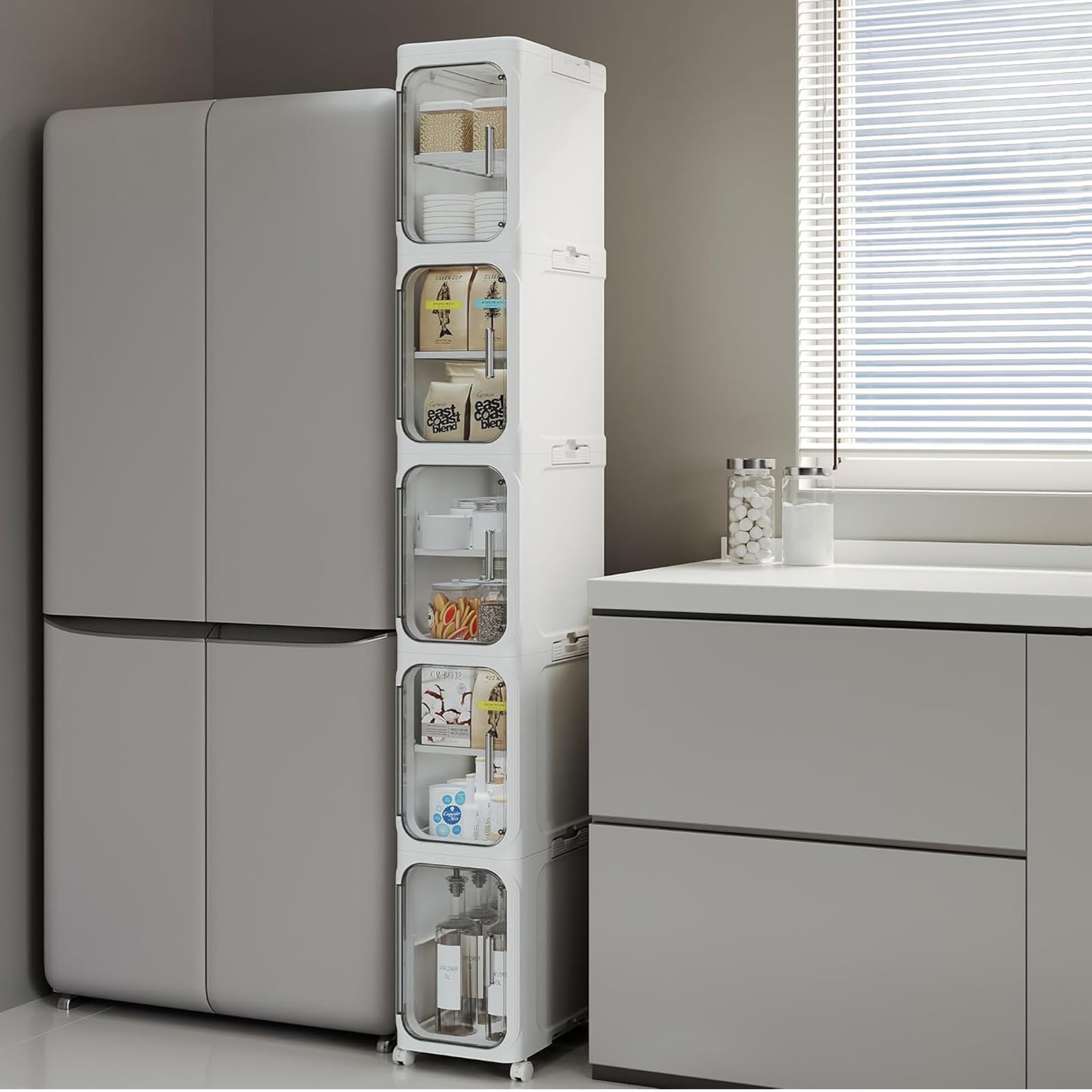 Photo 1 of QAVABIN 5-Tiers Tall Narrow Storage Cabinet, Freestanding Bathroom Organizer for Small Spaces, Slim Kitchen & Laundry Cabinet, Easy Assembly, White