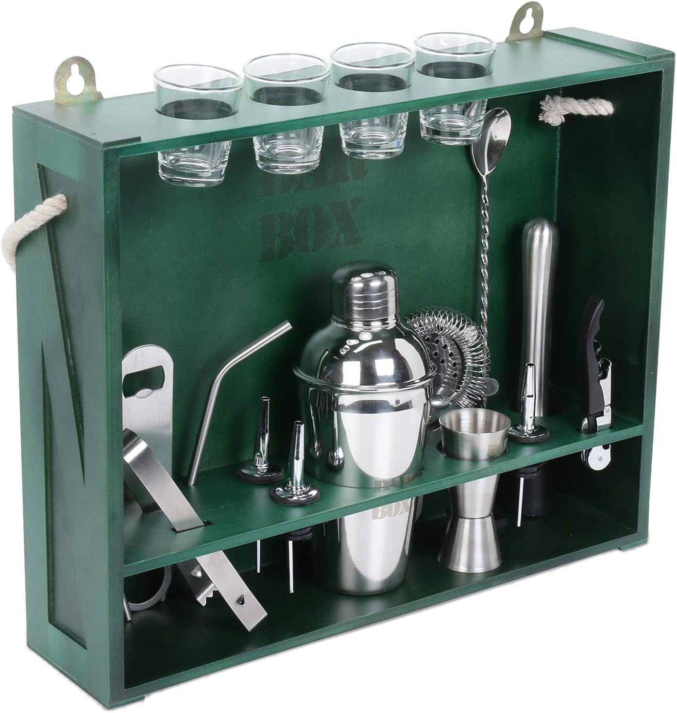Buy Bar Box Bartender Kit 19Piece Bar Tool Set with Rustic Wood Stand (Stainless Steel Green