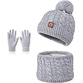 ACAREU Kids Winter Hat Gloves Scarf Set Beanie with PomPom Fleece Lined Warm Touch Screen for Boys Girls Christmas Gift