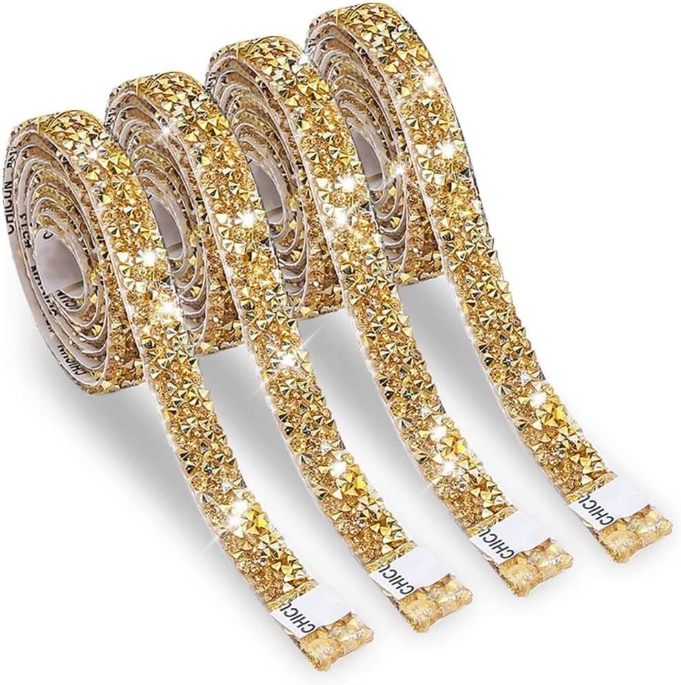 Zayejod 4 Rolls Gold Resin Rhinestone Ribbon 10mm Self-Adhesive Glitter
