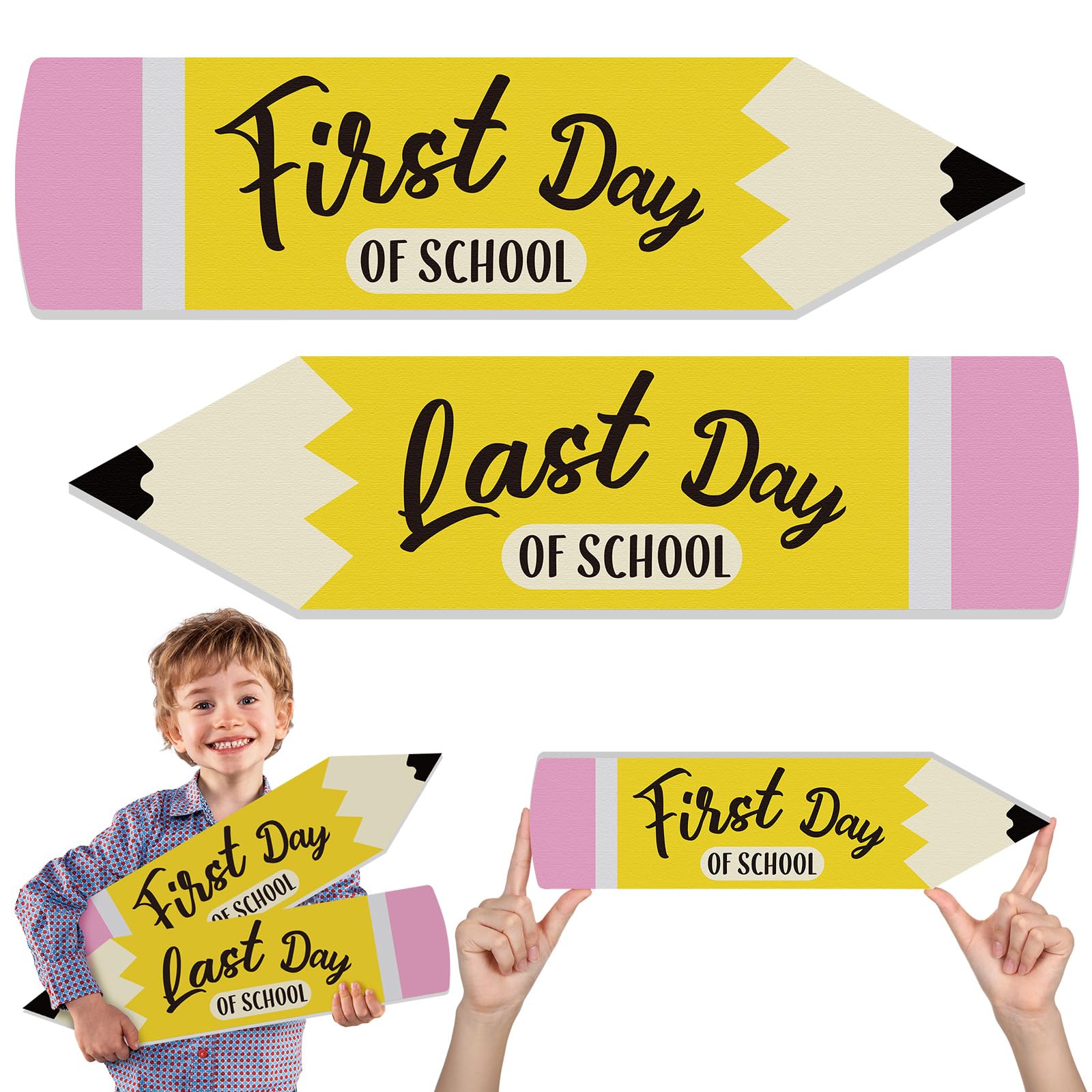 Photo 1 of Wonderjune 15.7 Inches First Last Day of School Sign Double Sided Printing Pencil First and Last Day of School Board School Chalkboard Sign Kindergarten Preschool Photo Prop for Kids Boys Girls