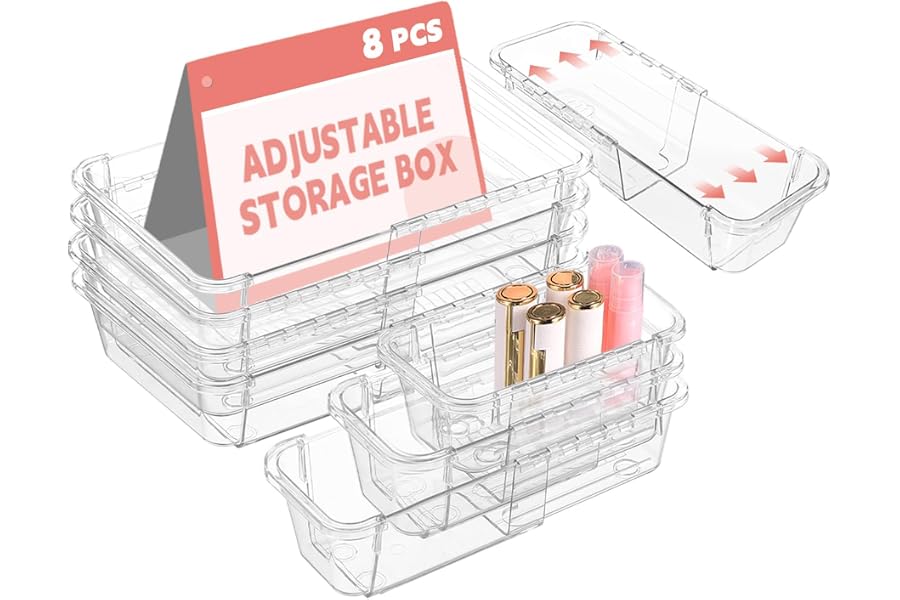 8 Pcs Mixed Extendable Clear Drawer Organizer, All Adjustable Vanity Storage Box, 2-Size Desk Drawer Organizer, Acrylic Storage Bins for Makeup, Cosmetic, Bedroom Dressers Tool Organizer for Gadgets