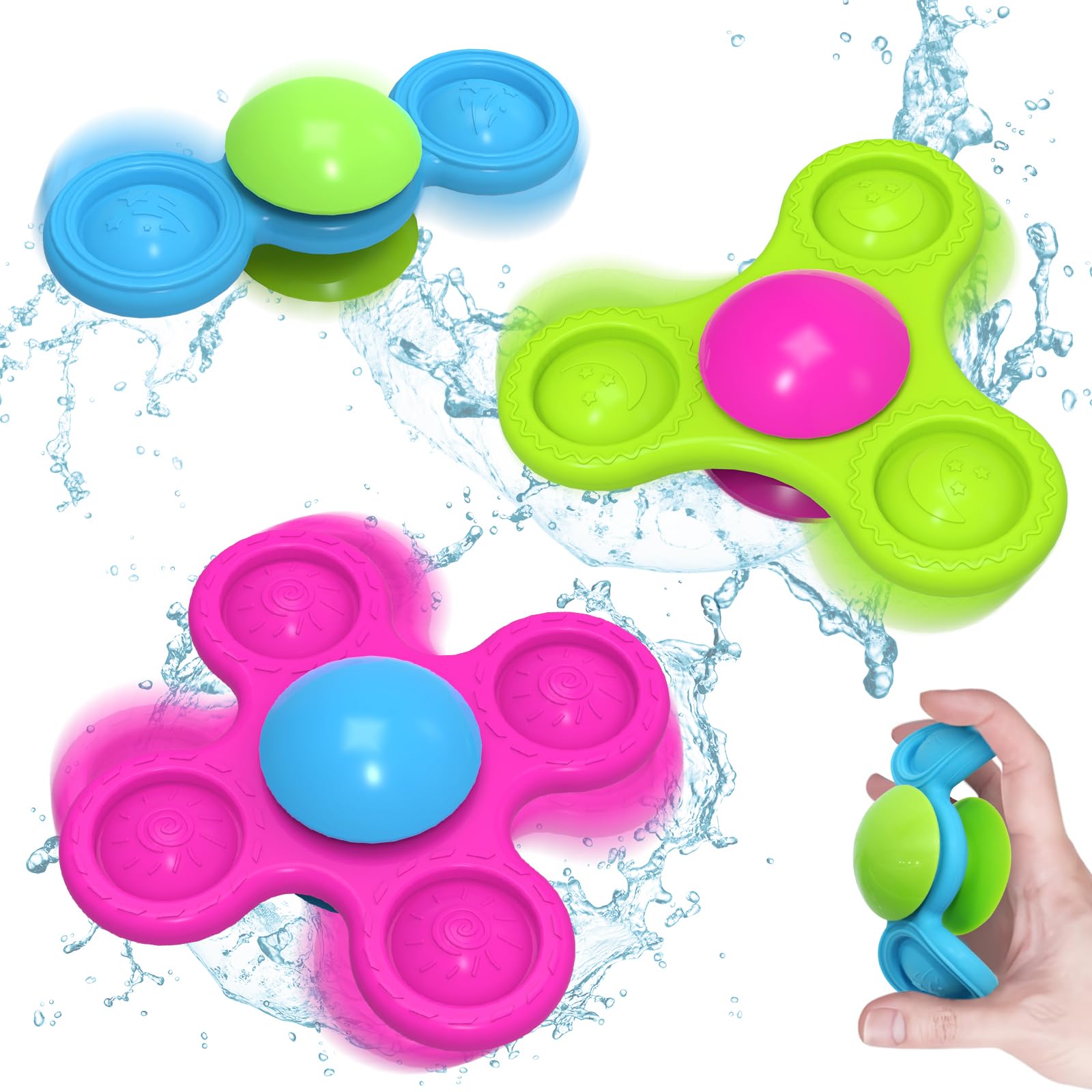 Guibola Suction Cup Spinners for Babies 3PCS Suction Toys with Silicone 10+ Months Fidget Spinning Sensory Toys Baby Bath Toys High Chair Suction Cups Travel Toys for Boy Girl（Classic-Star）
