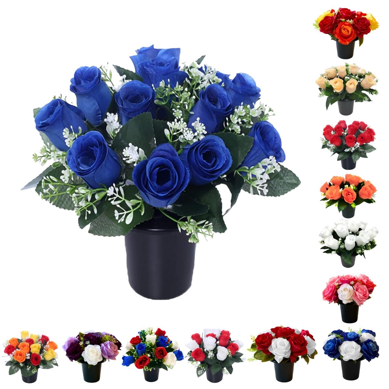 Caliko Artificial Flowers for Graves 12 Head Grave Flower Pots in Blue Color Perfect for Memorial & Cemetery Decorations Rose Buds Funeral Flowers/Cemetery Flowers in Improved Version, Standard