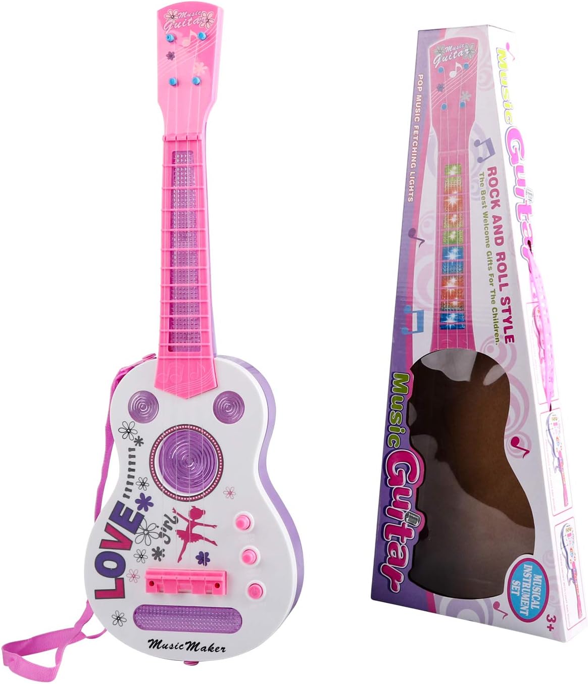 TWFRIC Kids Guitar Electric Battery Operated Toy Guitar Flash Light Musical Educational Toy for Boys Girls Child (21 Inch / Pink)