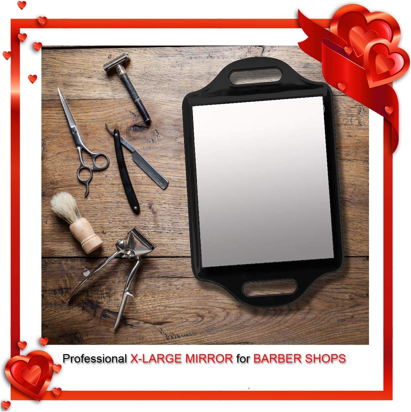 Mirrorvana X-Large Barber Hand Mirror with Double Comfy Grip Twin Handles - Black (14" x 8.5"): Furniture & Decor
