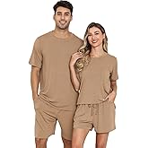 EISHOPEER Matching Pajamas for Couples 2 Piece Lounge Set Ribbed Knit Pajama Matching Tops and Shorts Soft Sleepwear S-XXL