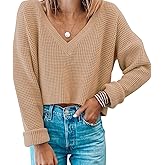 Womens V Neck Waffle Knit Cropped Top Long Sleeve Pullover Crop Sweater