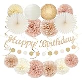 Champagne-Gold Beige 16 Happy Birthday Party-Decorations - 22pcs 21st Women Girls Paper Lanterns Streamers Banner Pom Poms,Fall Boho Aesthetic Bohemian Rose Groovy Decor Backdrop Supplies Hugmoon
