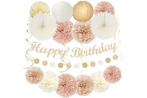 Champagne-Gold Beige 16 Happy Birthday Party-Decorations - 22pcs 21st Women Girls Paper Lanterns Streamers Banner Pom Poms,Fall Boho Aesthetic Bohemian Rose Groovy Decor Backdrop Supplies Hugmoon