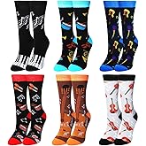 Xaatren 6 Pairs Novelty Music Socks for Men Funny Music Gift The Musical Merch Rocker Piano Drum Set Notes Stave Guitar Socks Christmas Birthday Holiday Party Favors for Lovers Teachers Musicians