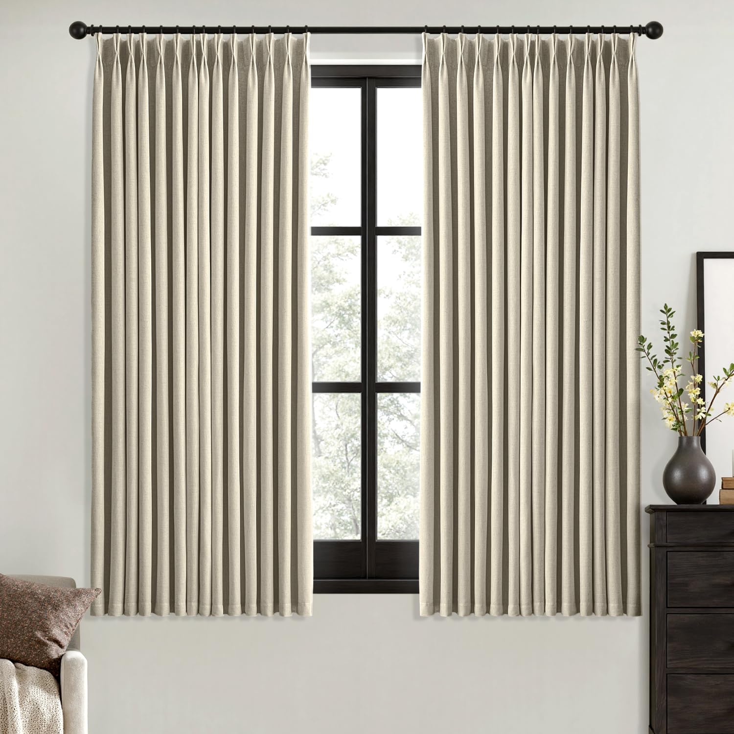 MIULEE Burlywood Birch Pinch Pleated 100% Blackout Linen Curtains for Bedroom, Room Darkening Memory Trained Window Curtains 63 inches Long for Living Room, Black Out Pleat Drapes, 2 Panels Image