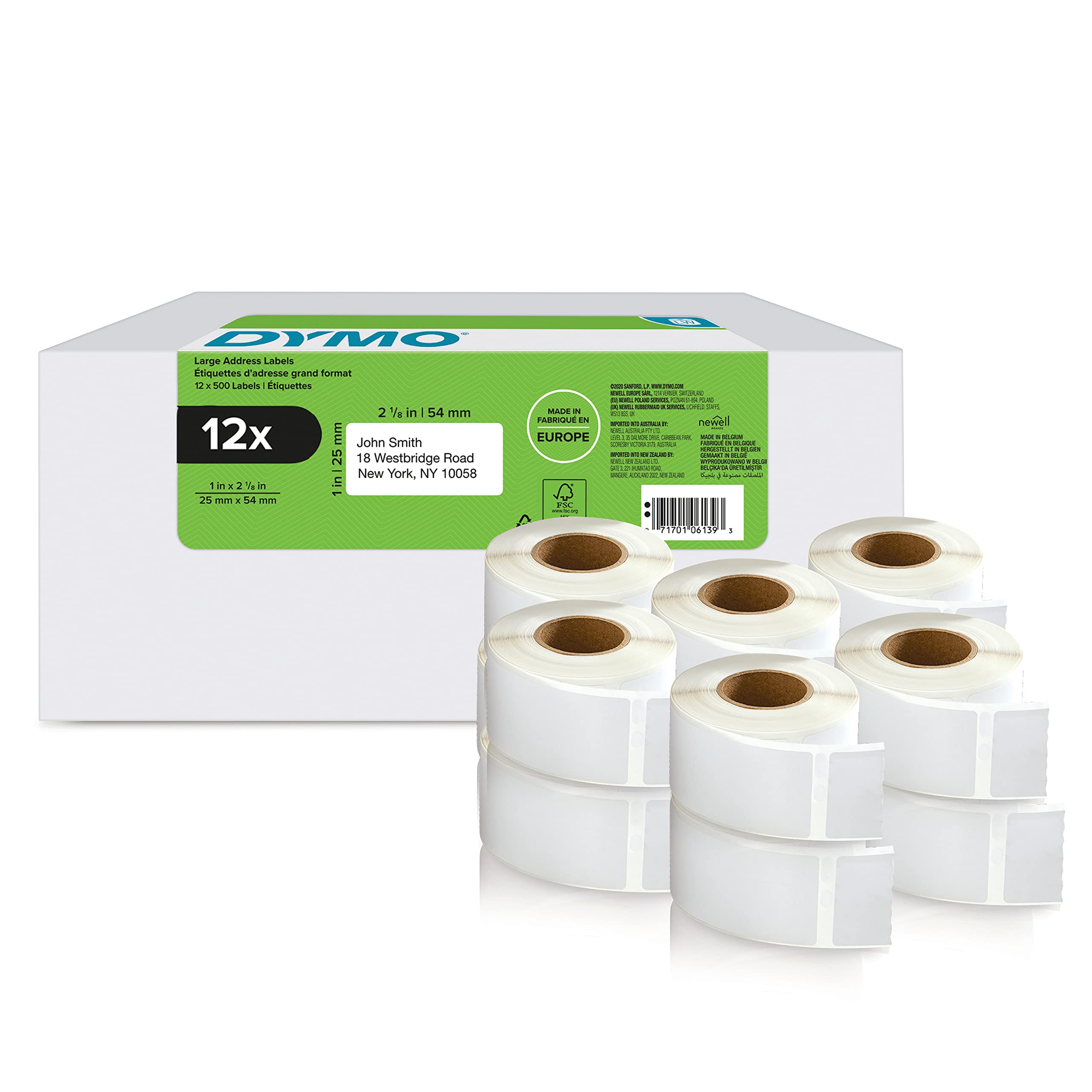 DYMO Original LabelWriter Rücksendeadressetiketten | 25mm x 54mm | 12 Rollen mit je 500 leicht ablösbaren Etiketten (6.000 Stück) | selbstklebend | Beschriftungsgerät für LabelWriter Etikettendrucker