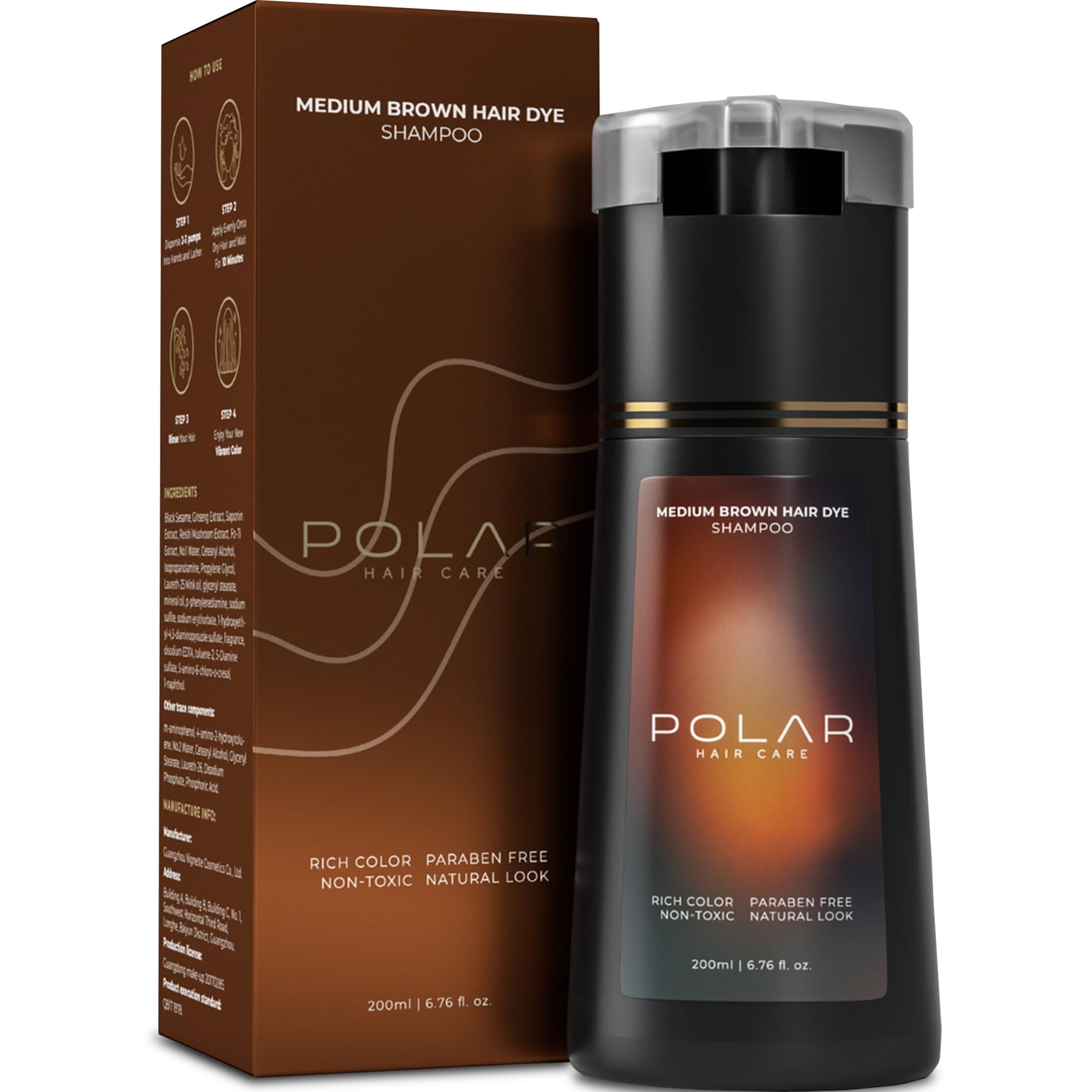 Photo 1 of POLAR HAIR CARE Hair Dye Shampoo for Gray Hair for Women & Men (Medium Brown) Natural Hair Dye Kit - Semi Permanent Hair Dye Shampoo - Vegan Hair Dye USA 6.76 Fl Oz Shampoo Dye Hair Color Medium Brown