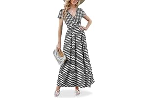 ANRILITA Maxi Dress for Women Wrap V Neck Short Sleeve Empire Pleated Waist Summer Casual Elegant Long Dresses with Pockets