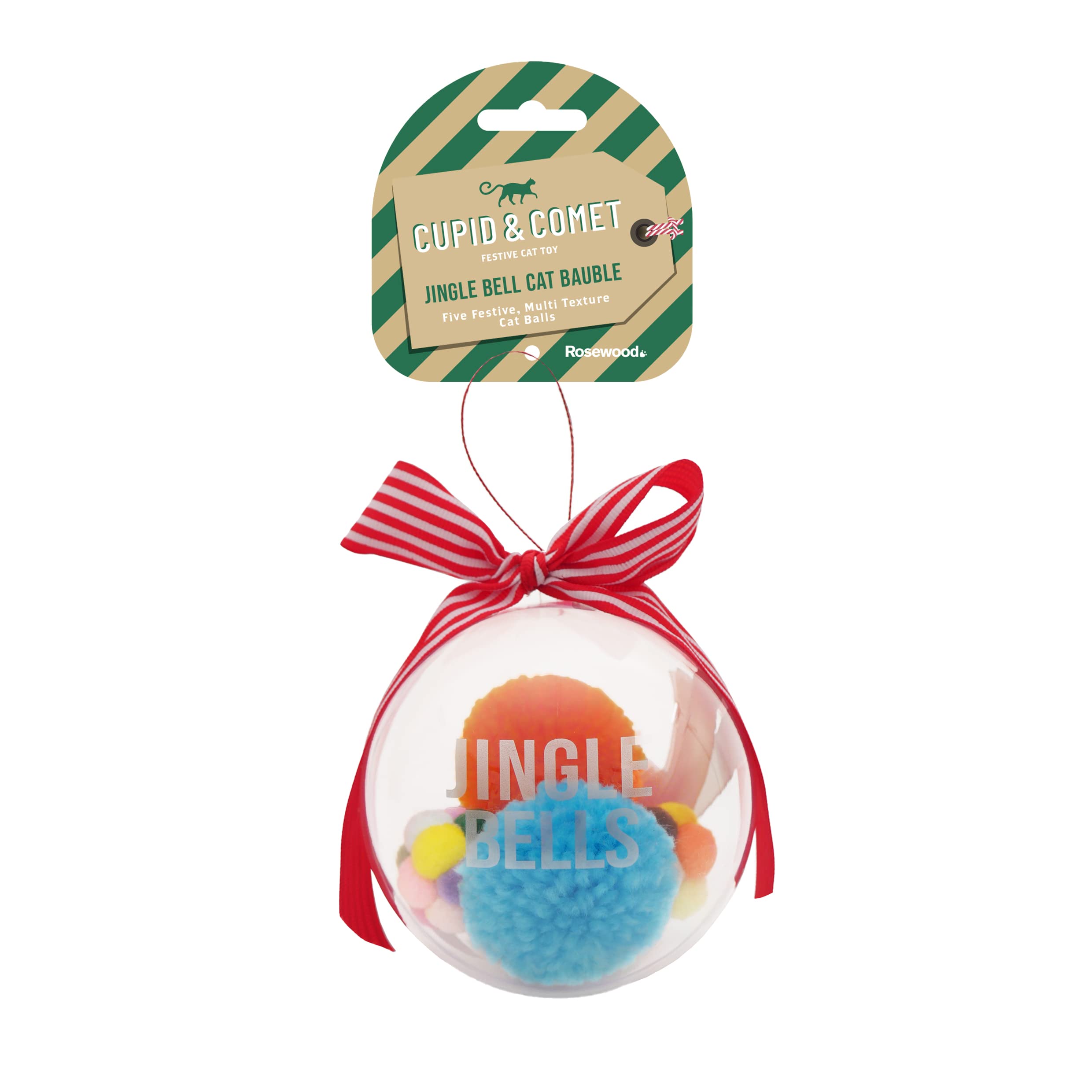Rosewood Multi Texture, Jingle Bells Cat Toy Bauble, 5 Piece, Inlcuding: 3 x Multicolour Pompom Balls and 2 x Yarn Pompom balls, 11cm diamter