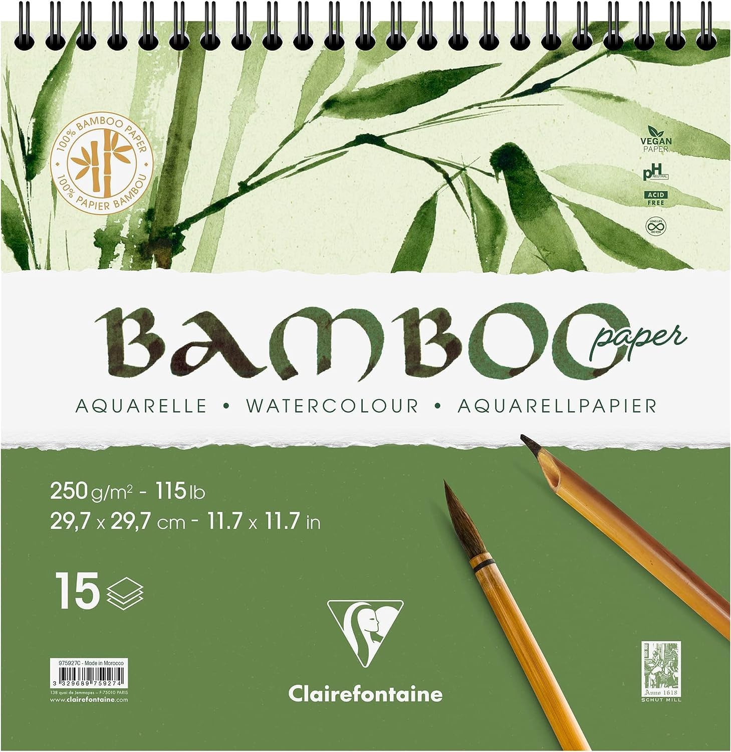 Clairefontaine 975927C - Bamboo Spiral-bound Pad - 15 Sheets of 100% Bamboo Watercolour Paper, Natural White, Vegan - Finely Marked Grain , 29.7x29.7 cm, 250g