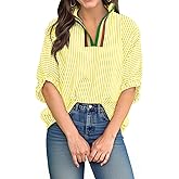 Tankaneo Womens V Neck Striped Blouse Oversized Dolman Sleeve Tops Summer Casual Loose Fit Polo Shirts