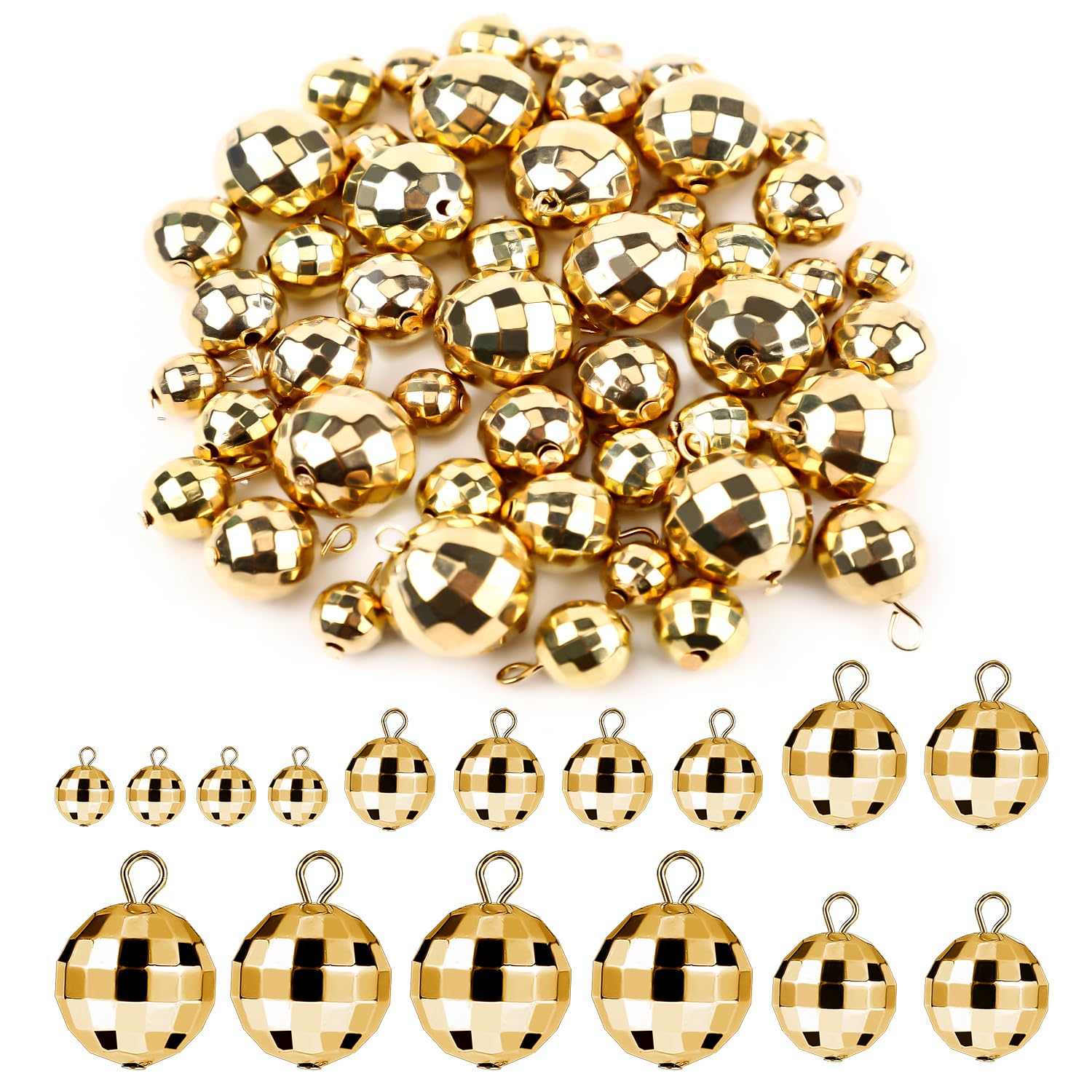 PEUTIER 48pcs Disco Ball Pendants, Mini Disco Balls Charms Disco Ornaments Round Mirror Beads Accessories Small Reflective 70s Disco Party Decoration for Holiday Cake Jewelry Making DIY Crafts (Gold)