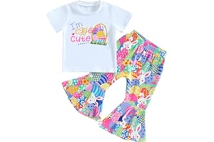 YOKJZJD Toddler Baby Girl Easter Outfit Bunny Letter Short Sleeve T-Shirt Tops Bell Bottom Pants Set Kids Summer Clothes