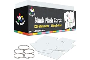 STAR RIGHT Blank Flash Cards for Studying - 2 x 3 inches Blank Index Notecards - 1000 Pre Hole Punched White Index Cards with Metal Binder Rings - Blank Flashcards for GMT Prep, Math, and Language