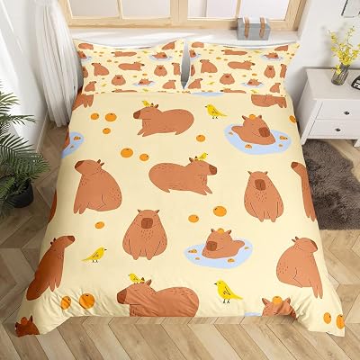 Capybaras Bettbezug 135x200 Nette Braune Capybaras Trösterbezug für Kleinkinder Teens Jugend, Cartoon Vogel Capybara Orangen Bettwäsche Sätz mit 1 Kissenbezug, Gelbbraun