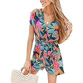 CUPSHE Women's Romper V Neck Short Sleeves Colorful Tropical Jumpsuit Straight leg Outfit Casual Dressy