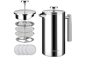 LANTE French Press, 600ml Double Insulated 304 Stainless Steel Coffee Tea Maker 4 Level Filtration System, No Coffee Grounds, Rust-Free, Dishwasher Safe for Single Use