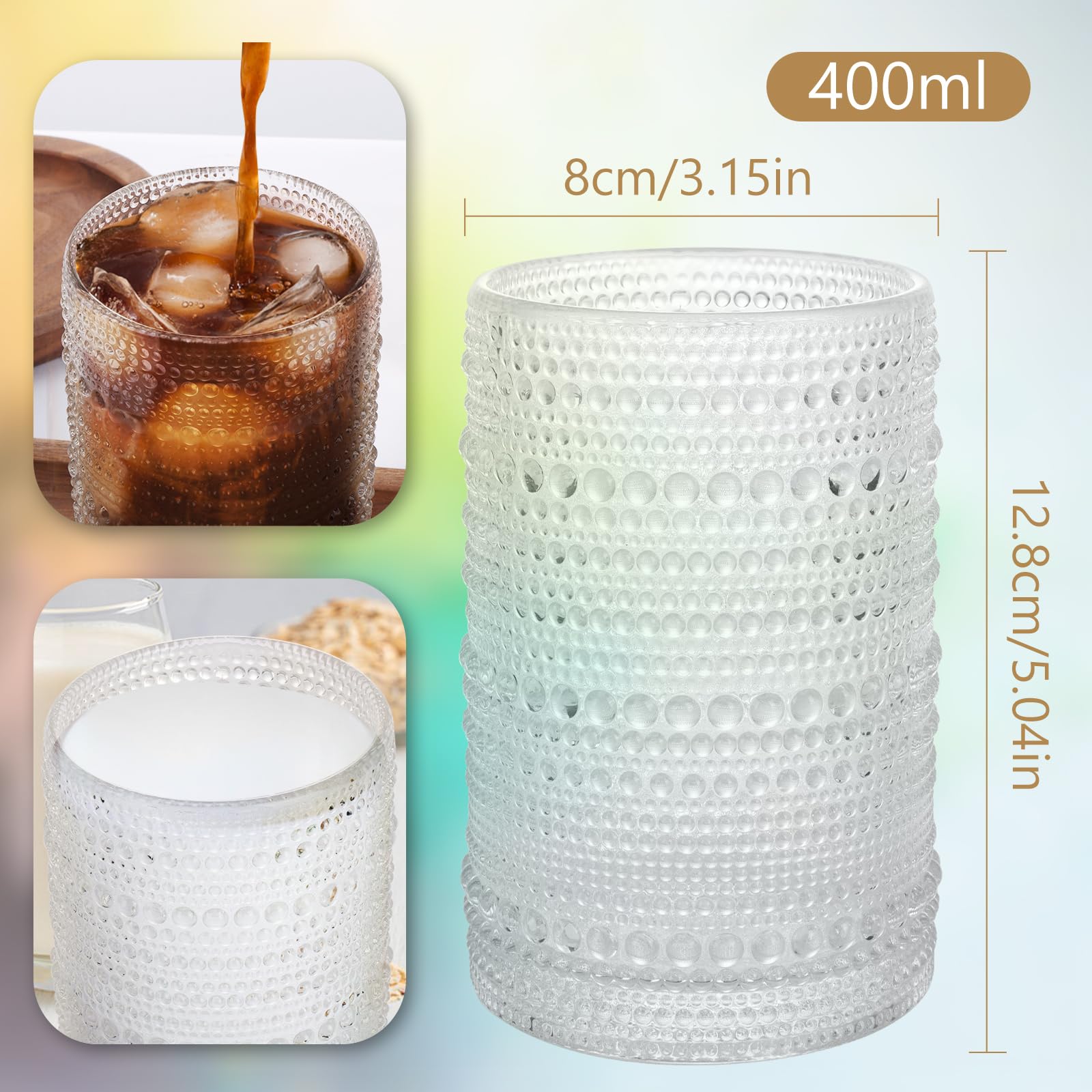 Ulable Hobnail Drinking Glasses, 13.5 oz Clear Drinking Glasses, Vintage Glassware, Water Glasses Set of 6 for Beer, Cocktail, Soda, Whiskey, and Various Mixed Drinks