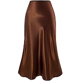 winkbay Women's Satin Skirts High Waist Flared Dressy Casual Cocktail Wedding Flowy Midi Skirt
