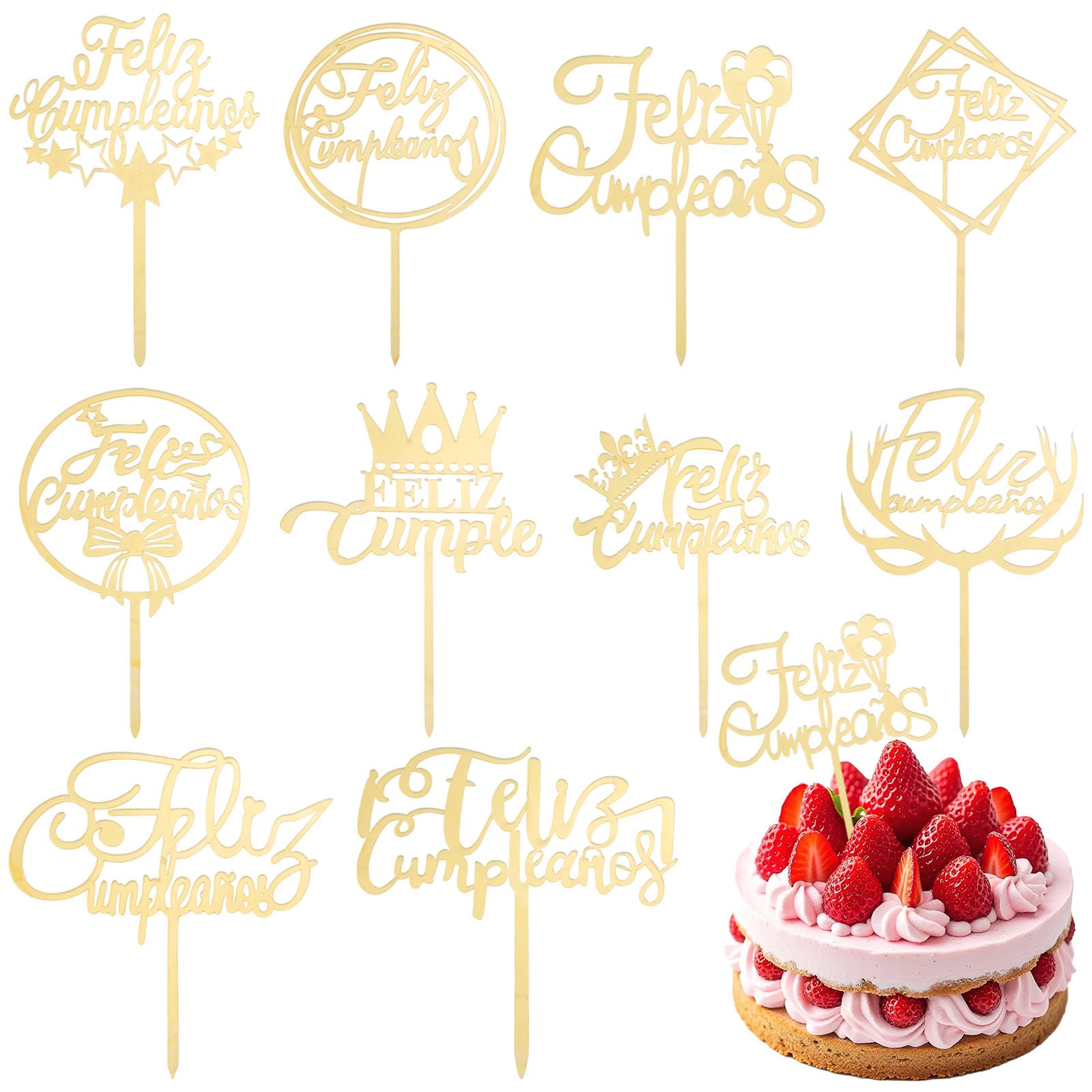 Photo 1 of 10PCS Gold Happy Birthday Cake Topper Feliz Cumpleaños Cupcake Decoration Acrylic Spanish Birthday Party Supplies