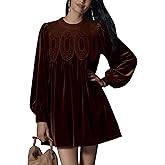 synound Women’s Velvet Lace Patchwork Babydoll Dress Puff Long Sleeve Ruffle Swing Loose Fit Crew Neck A-line Mini Dresses