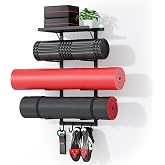 Yoga Mat Holder Wall Mount, Home Gym Storage Rack with Top Floating Shelf | 4-Tiers Fitness Accessories Organizer with Hooks