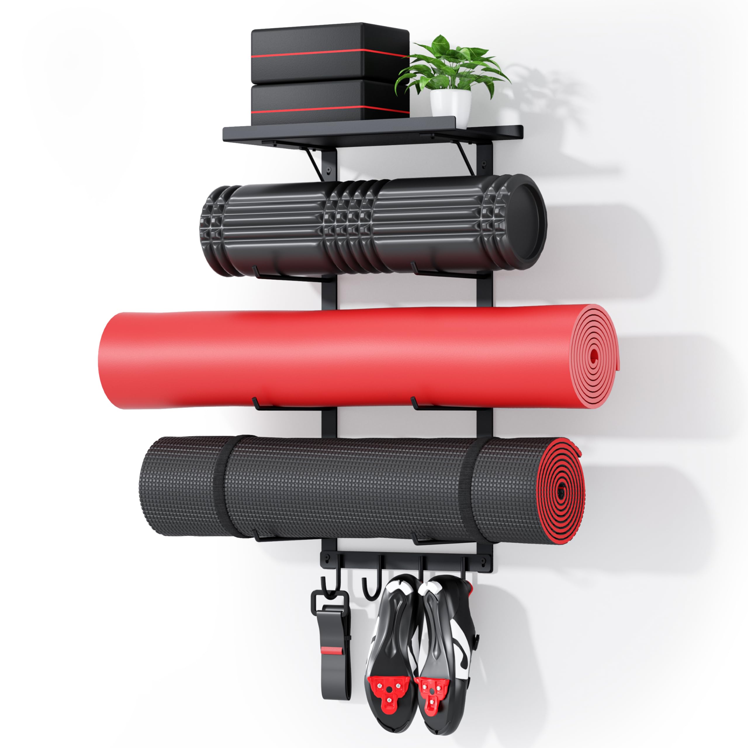 Photo 1 of Yoga Mat Holder Wall Mount, Yoga Accessory Mat Storage Rack, Home Gym Accessories Organizer, Floating Shelf and Hooks for Hanging Foam Roller/Band/Workout Equipment at Pilates Fitness Class