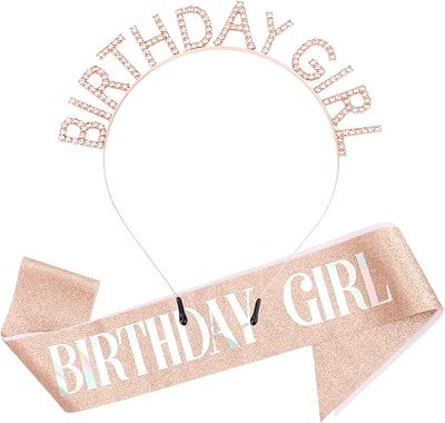 DRESHOW Birthday Girl Tiara Headband & Sash Set Princess Crown Rhinestone Women